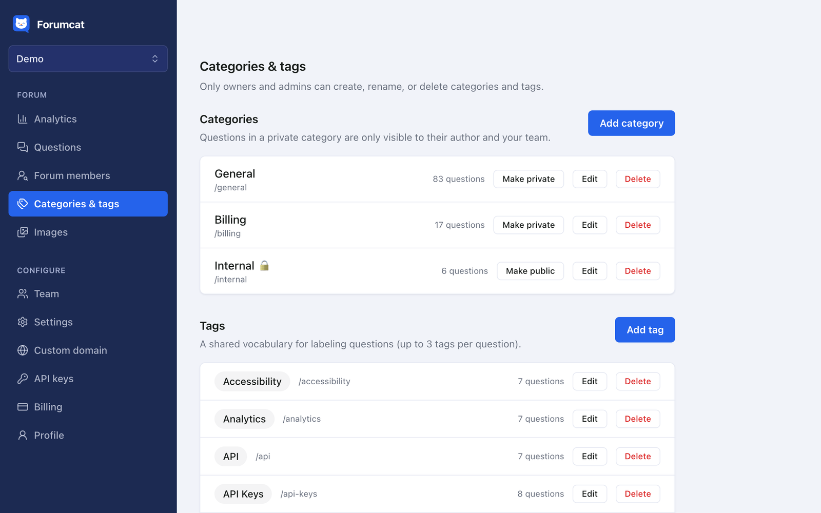 Categories and tags managed on one page.